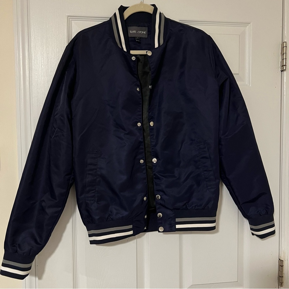 Slate & Stone Men's Small Navy Blue Striped Baseball Bomber Jacket 100% Nylon